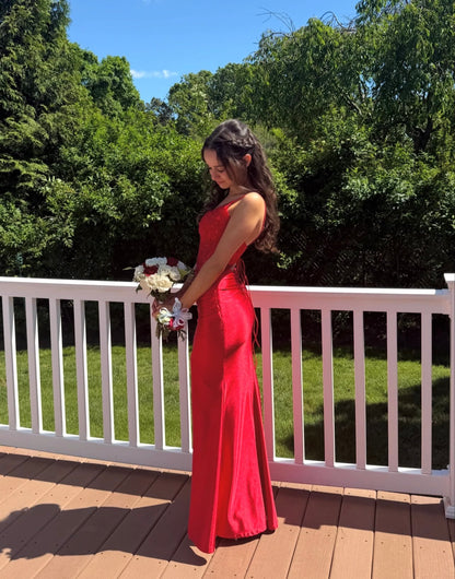 Spaghetti Straps Red Satin Mermaid Prom Dress Appliqued Evening Gown  J11797