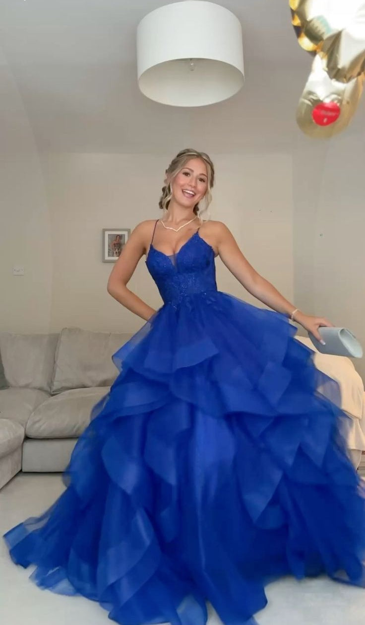Spaghetti Straps Royal Blue Ruffled Tulle Formal Prom Dress  J11913
