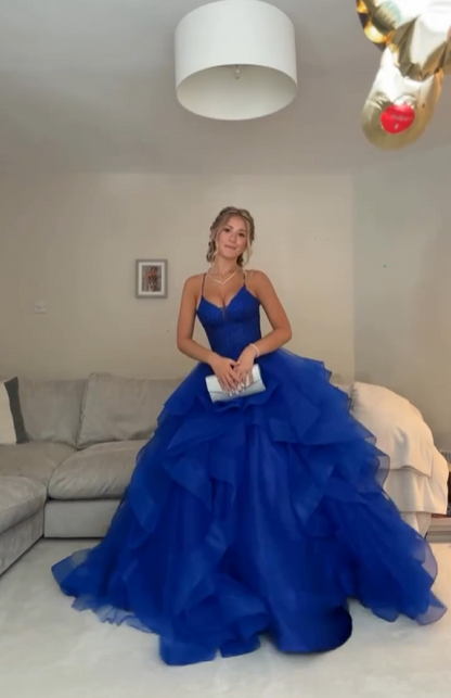 Spaghetti Straps Royal Blue Ruffled Tulle Formal Prom Dress  J11913