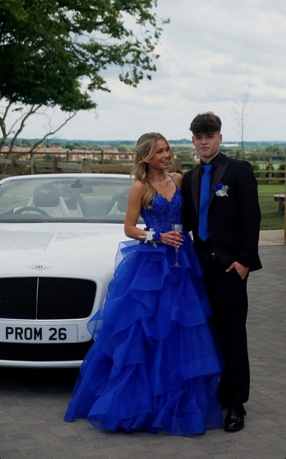 Spaghetti Straps Royal Blue Ruffled Tulle Formal Prom Dress  J11913