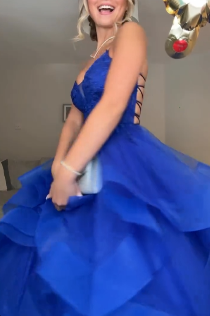 Spaghetti Straps Royal Blue Ruffled Tulle Formal Prom Dress  J11913