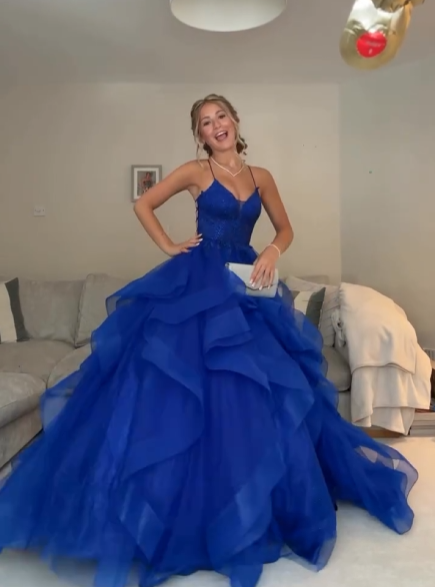 Spaghetti Straps Royal Blue Ruffled Tulle Formal Prom Dress  J11913