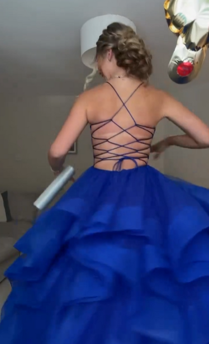 Spaghetti Straps Royal Blue Ruffled Tulle Formal Prom Dress  J11913