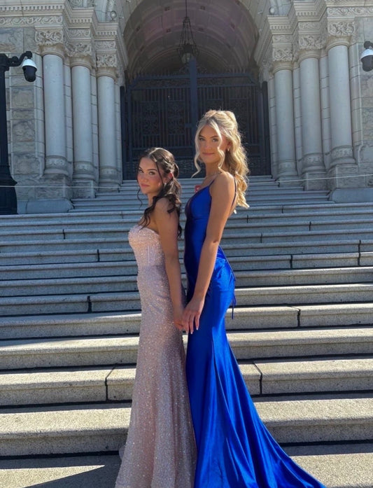 Spaghetti Straps Royal Blue Satin Mermaid Prom Dress  J10731