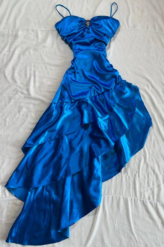Spaghetti Straps Royal Blue Satin Ruffled Prom Dress   J11680