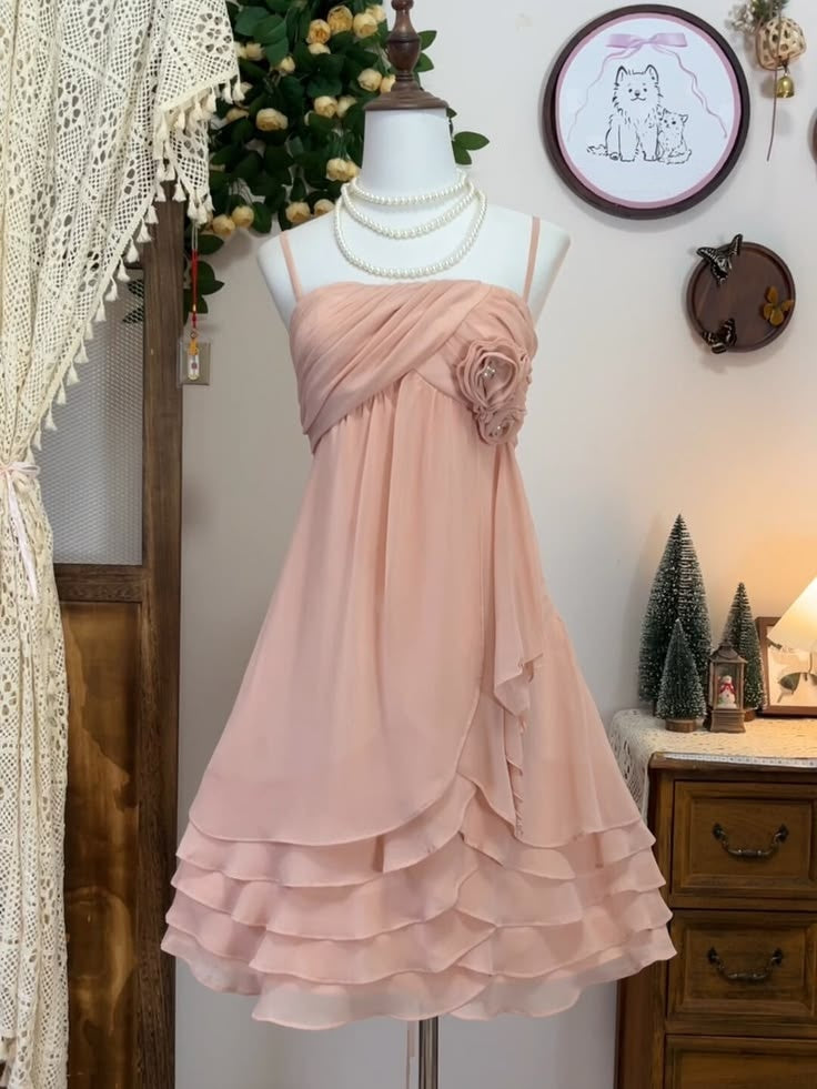 Spaghetti Straps Ruffled Chiffon Homecoming Dress Peach Pink Party Dress  J11477