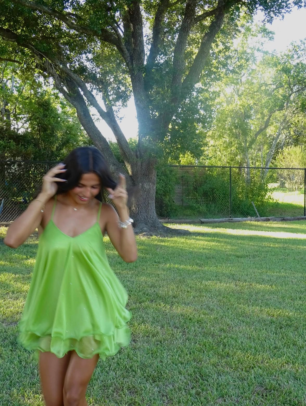 Spaghetti Straps Ruffled Green Party Dress  J11996