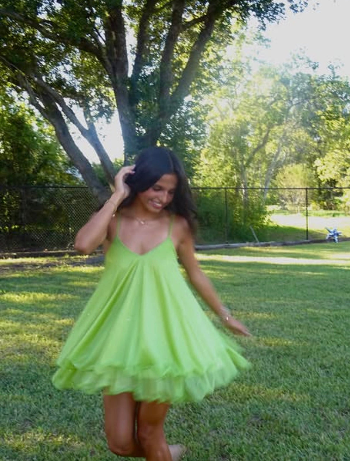 Spaghetti Straps Ruffled Green Party Dress  J11996