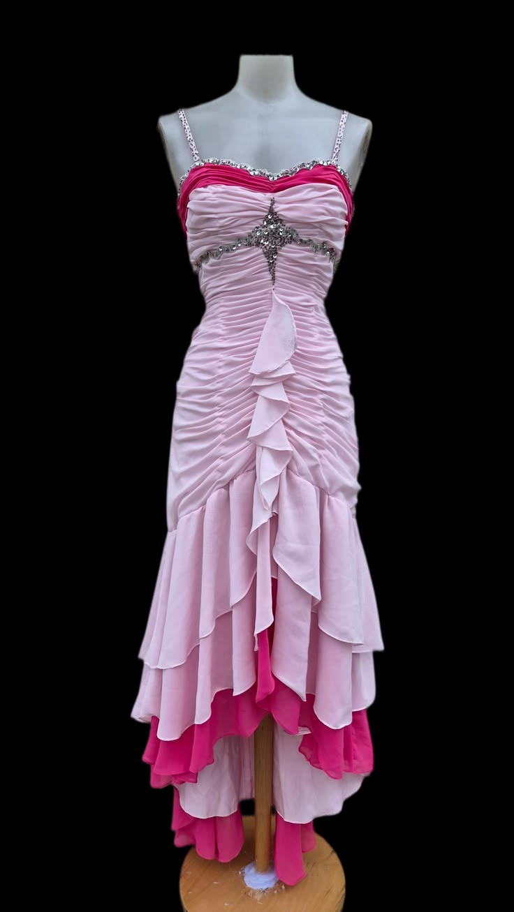 Spaghetti Straps Ruffled Pink Chiffon Prom Dress Layered Retro Gown  J12030