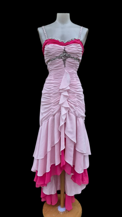Spaghetti Straps Ruffled Pink Chiffon Prom Dress Layered Retro Gown  J12030