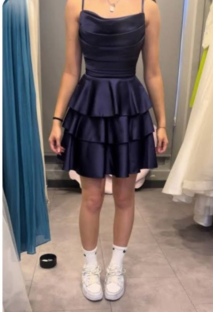 Spaghetti Straps Satin Layered Homecoming Dress  J10713