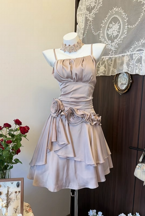 Spaghetti Straps Satin Retro Birthday Dress With Floral  J11724
