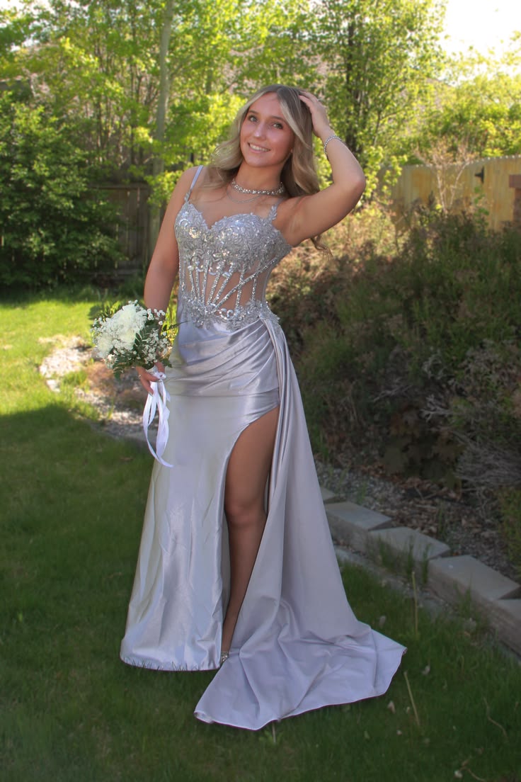Spaghetti Straps Silver Satin Mermaid Prom Dress With Slit  J11924