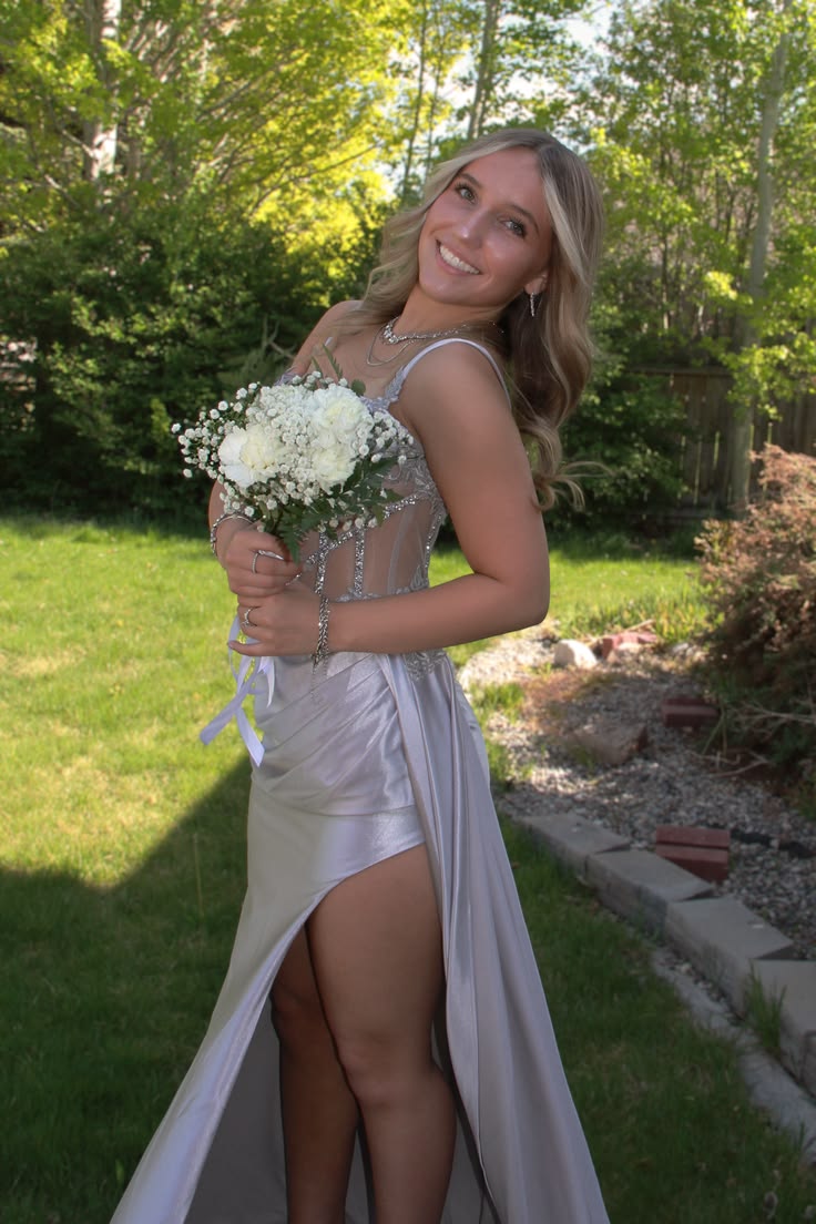 Spaghetti Straps Silver Satin Mermaid Prom Dress With Slit  J11924