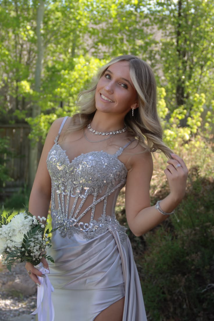 Spaghetti Straps Silver Satin Mermaid Prom Dress With Slit  J11924