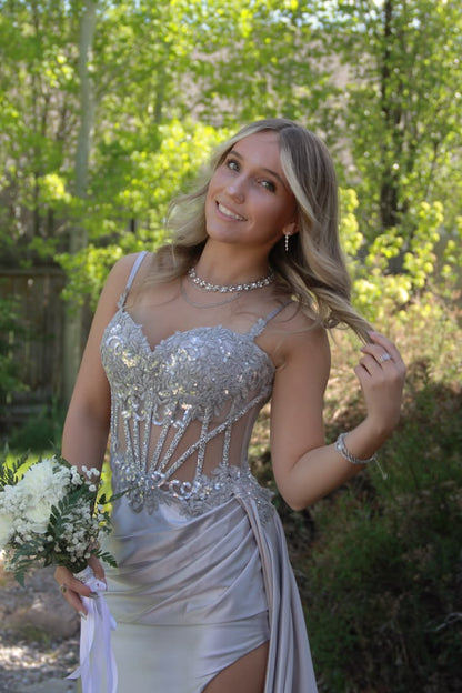 Spaghetti Straps Silver Satin Mermaid Prom Dress With Slit  J11924