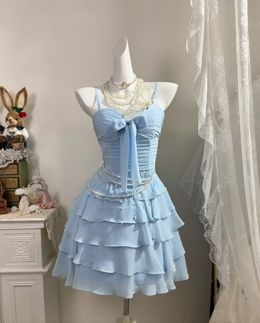 Spaghetti Straps Sky Blue Layered Homecoming Dress Chiffon Party Dress  J11161