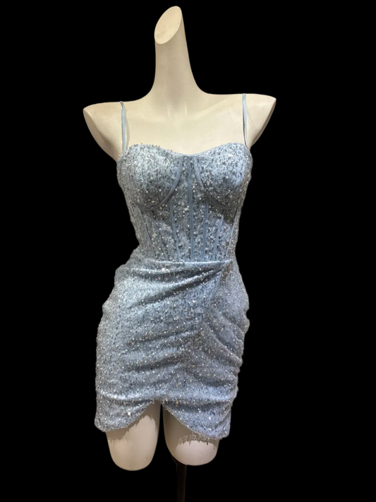 Spaghetti Straps Sky Blue Sequin Homecoming Dress Short Party Dress J10878