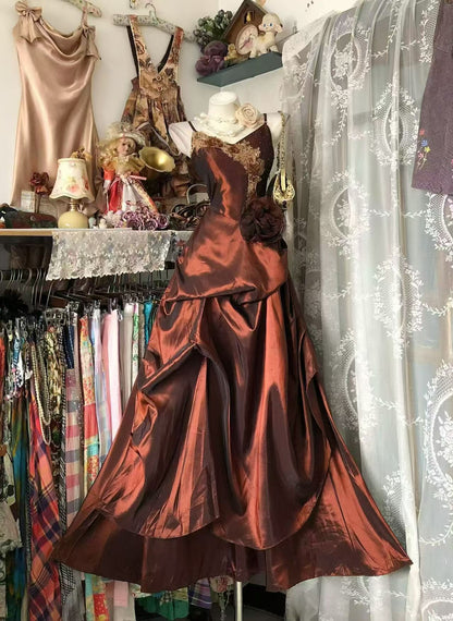 Spaghetti Straps Taffeta Formal Prom Dress Retro Evening Gown  J11872