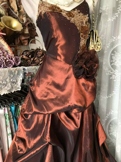 Spaghetti Straps Taffeta Formal Prom Dress Retro Evening Gown  J11872