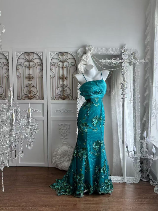 Spaghetti Straps Teal Mermaid Prom Dress Retro Evening Gown  J10915