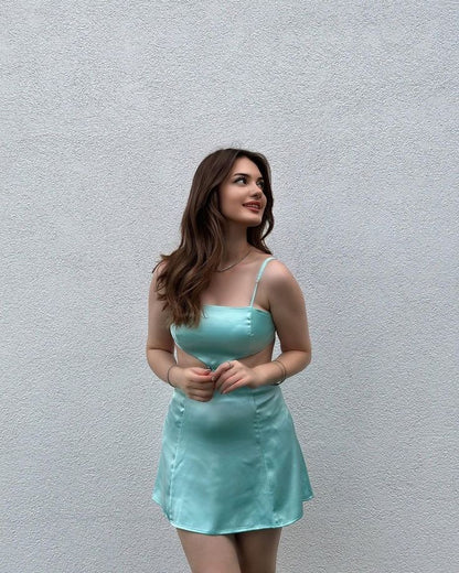 Spaghetti Straps Tiffany Blue Satin Homecoming Dress J10704