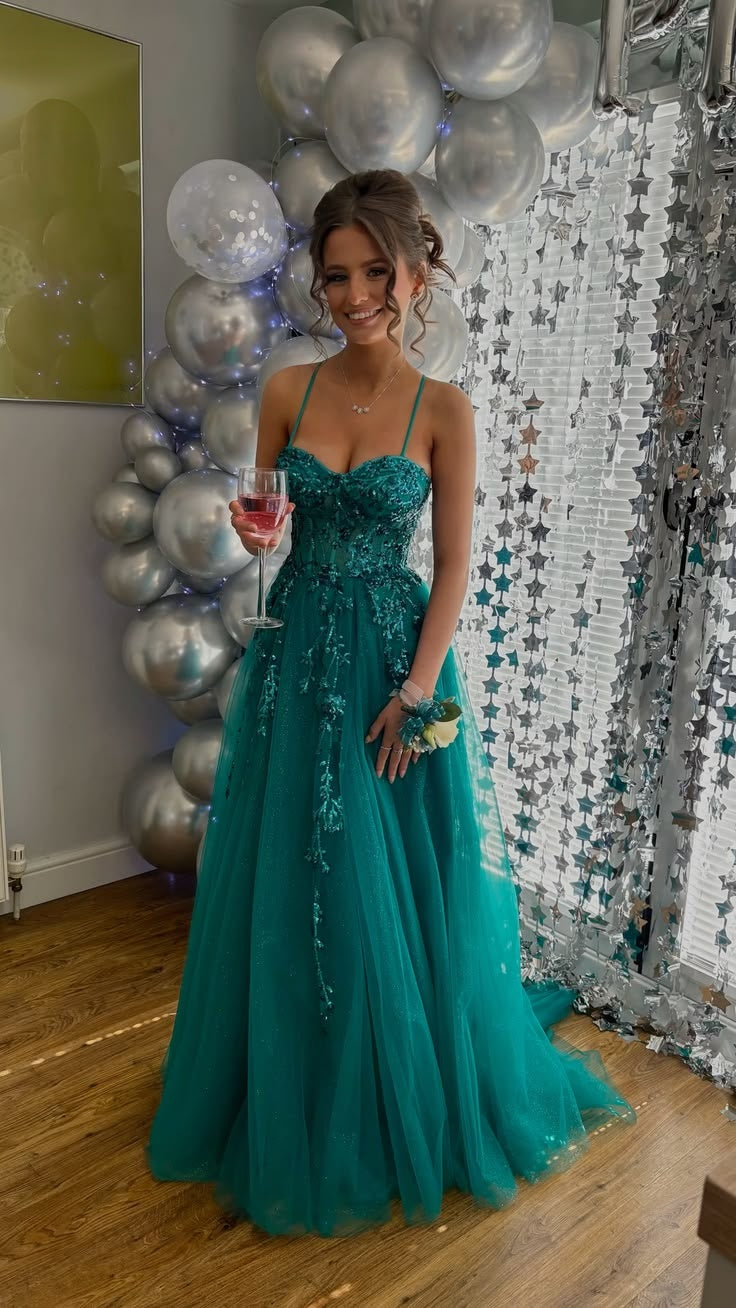 Spaghetti Straps Turquoise Green A Line Tulle Formal Prom Dress J11916