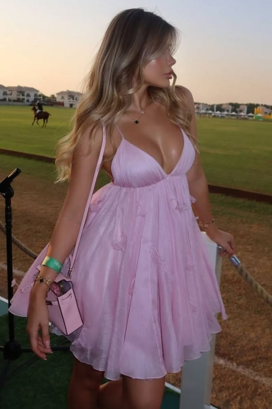 Spaghetti Straps V Neck Pink Homecoming Dress J10757