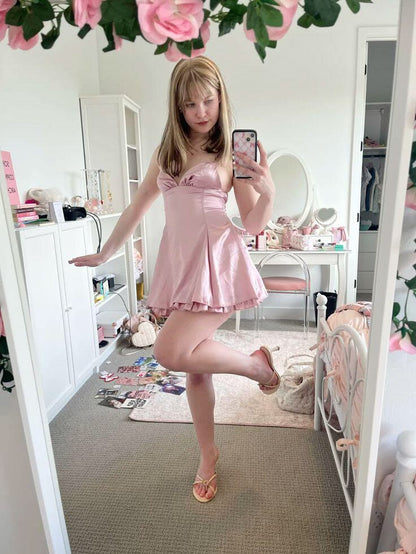 Spaghetti Straps V Neck Satin Homecoming Dress Pink Birthday Outfit  J11504