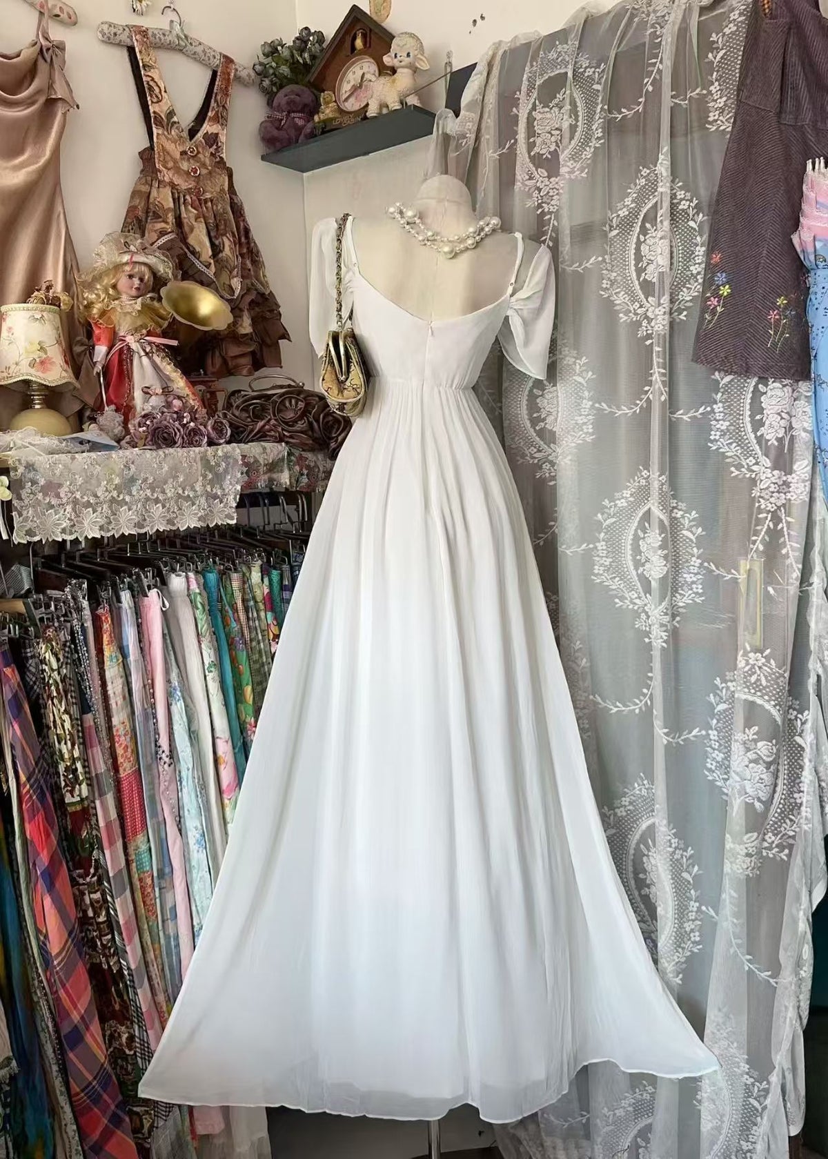 Spaghetti Straps White Chiffon Wedding Dress A Line Evening Gown  J11867