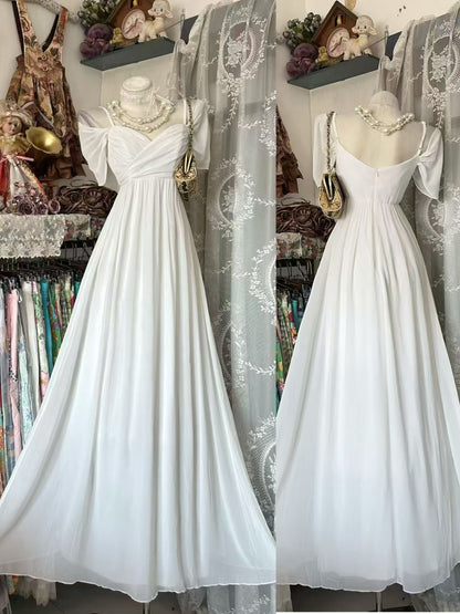 Spaghetti Straps White Chiffon Wedding Dress A Line Evening Gown  J11867