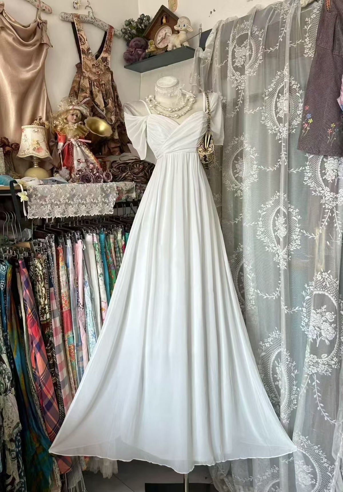 Spaghetti Straps White Chiffon Wedding Dress A Line Evening Gown  J11867