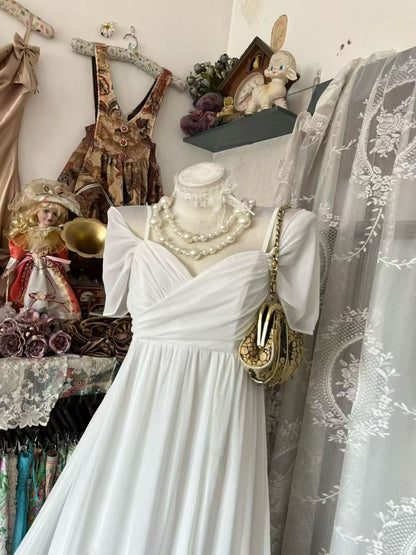 Spaghetti Straps White Chiffon Wedding Dress A Line Evening Gown  J11867