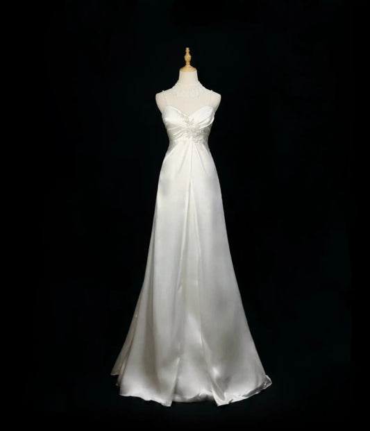 Spaghetti Straps White Retro Wedding Dress For Bride  J10883