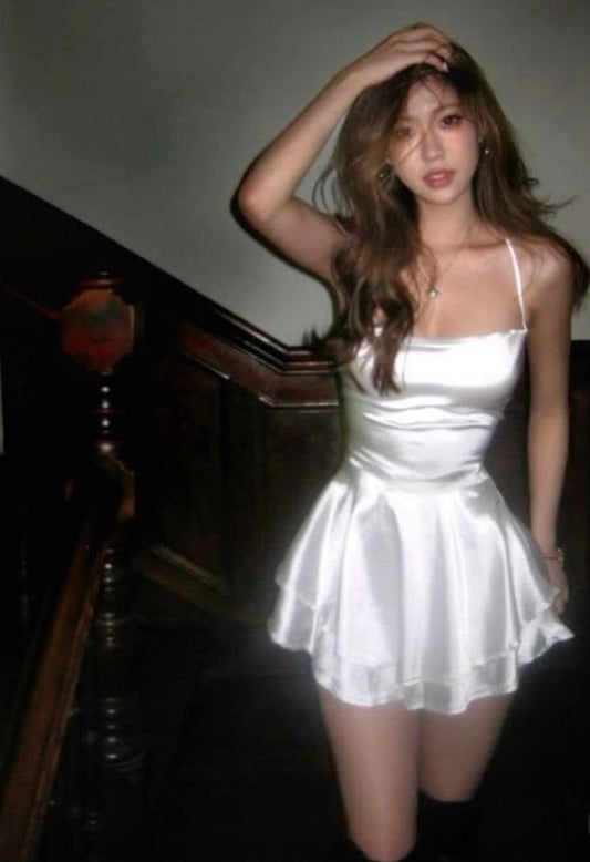 Spaghetti Straps White Satin Homecoming Dress Open Back Birthday Dress  J11141