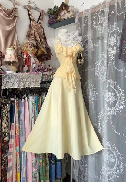 Spaghetti Straps Yellow Chiffon Prom Dress Ruffled Evening Dress  J10866