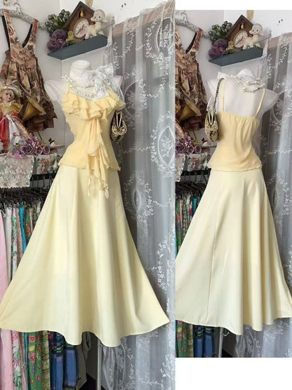 Spaghetti Straps Yellow Chiffon Prom Dress Ruffled Evening Dress  J10866
