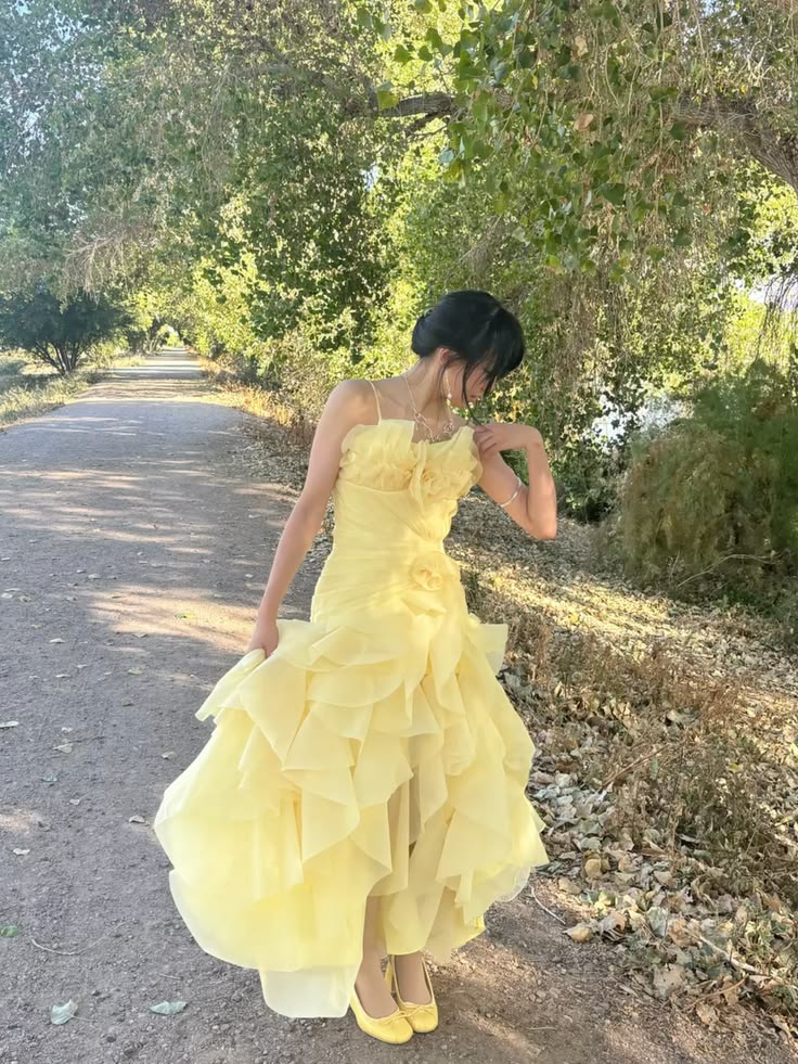 Spaghetti Straps Yellow Ruffled Formal Prom Dress Evening Gown  J11673