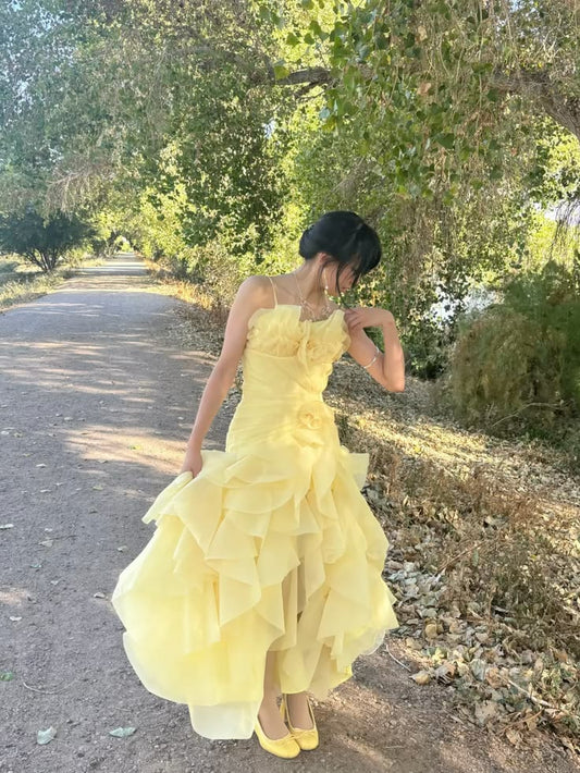 Spaghetti Straps Yellow Ruffled Formal Prom Dress Evening Gown  J11673