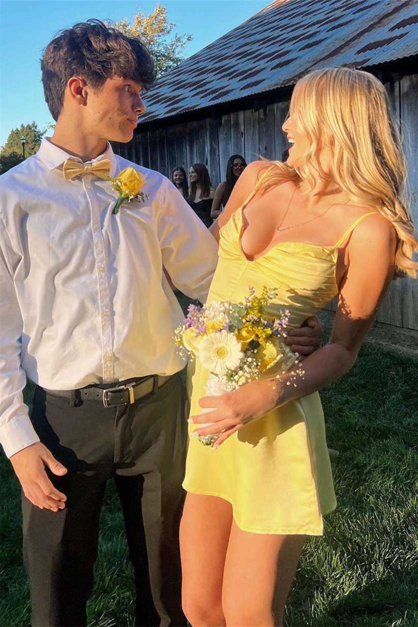 Spaghetti Straps Yellow Satin Sheath Homecoming Dress  J11253