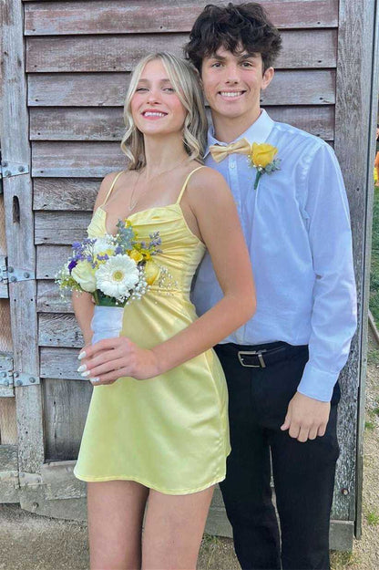 Spaghetti Straps Yellow Satin Sheath Homecoming Dress  J11253