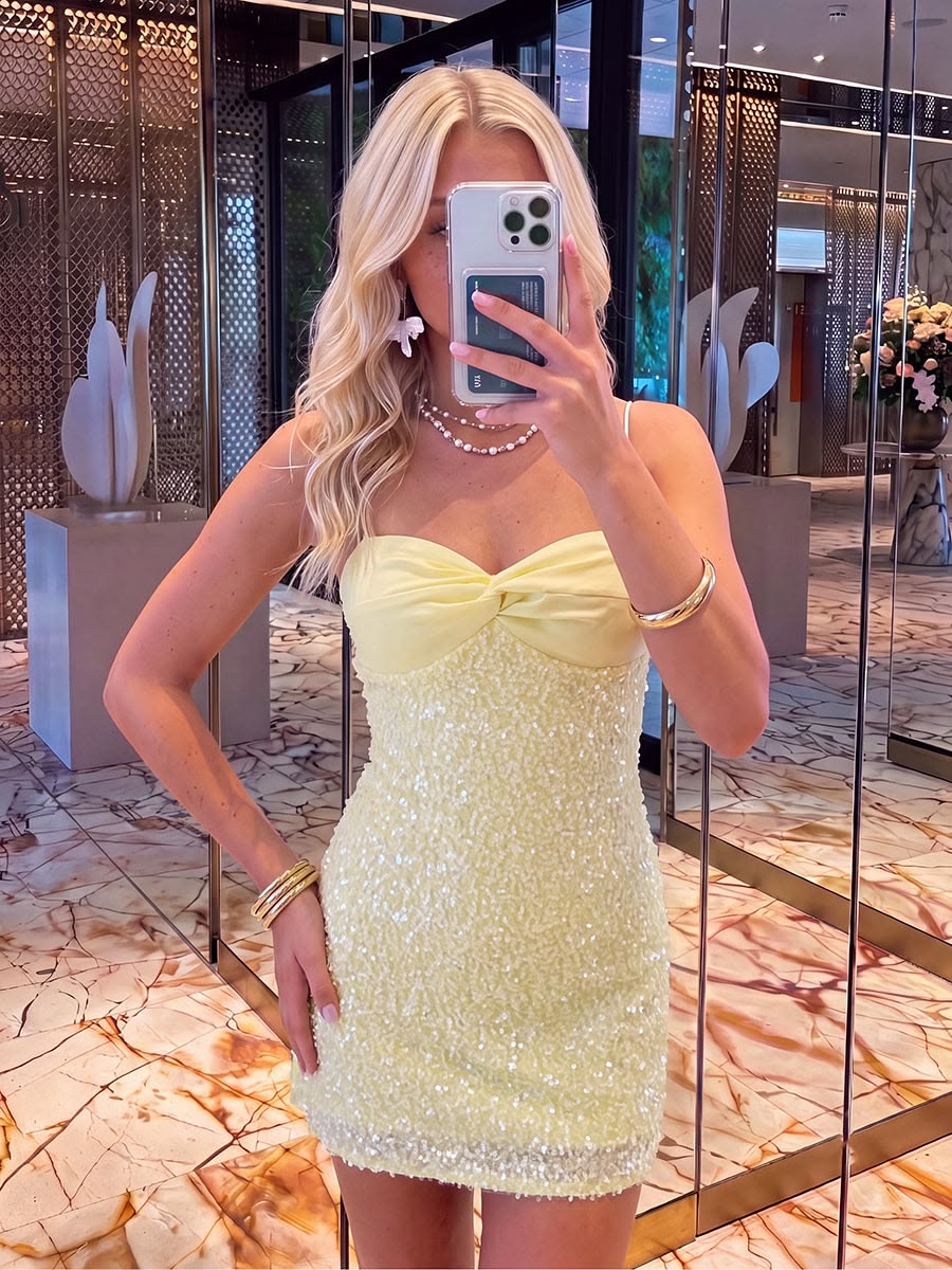 Spaghetti Straps Yellow Sequins Sheath Mini Homecoming Dress  J11672