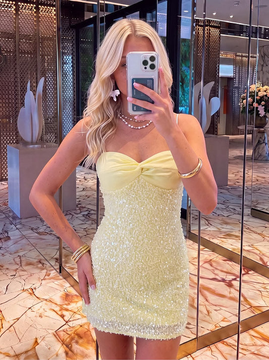 Spaghetti Straps Yellow Sequins Sheath Mini Homecoming Dress  J11672