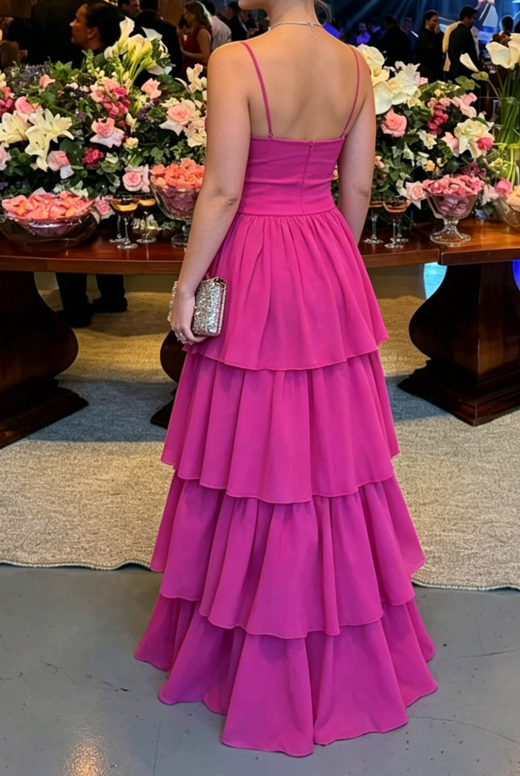 Spaghetti Straps Layered Long Prom Dress Wedding Guest Dress J8874