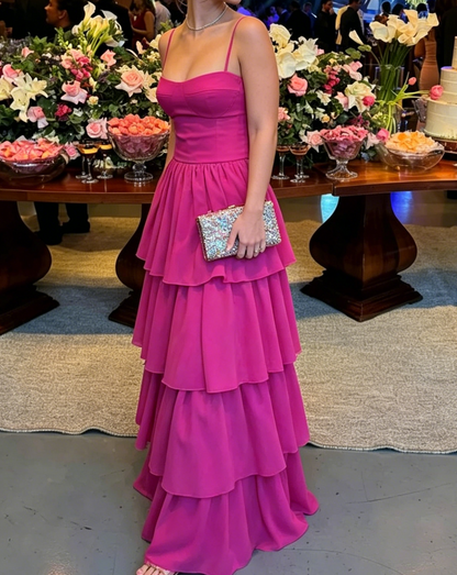 Spaghetti Straps Layered Long Prom Dress Wedding Guest Dress J8874