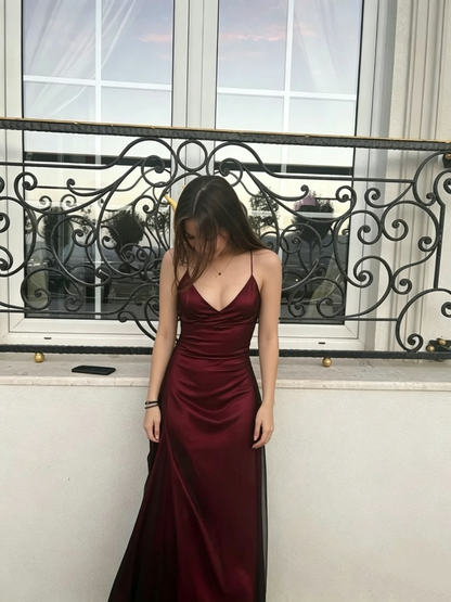 Spaghetti Straps V Neck Burgundy Prom Dress Evening Gown J6412