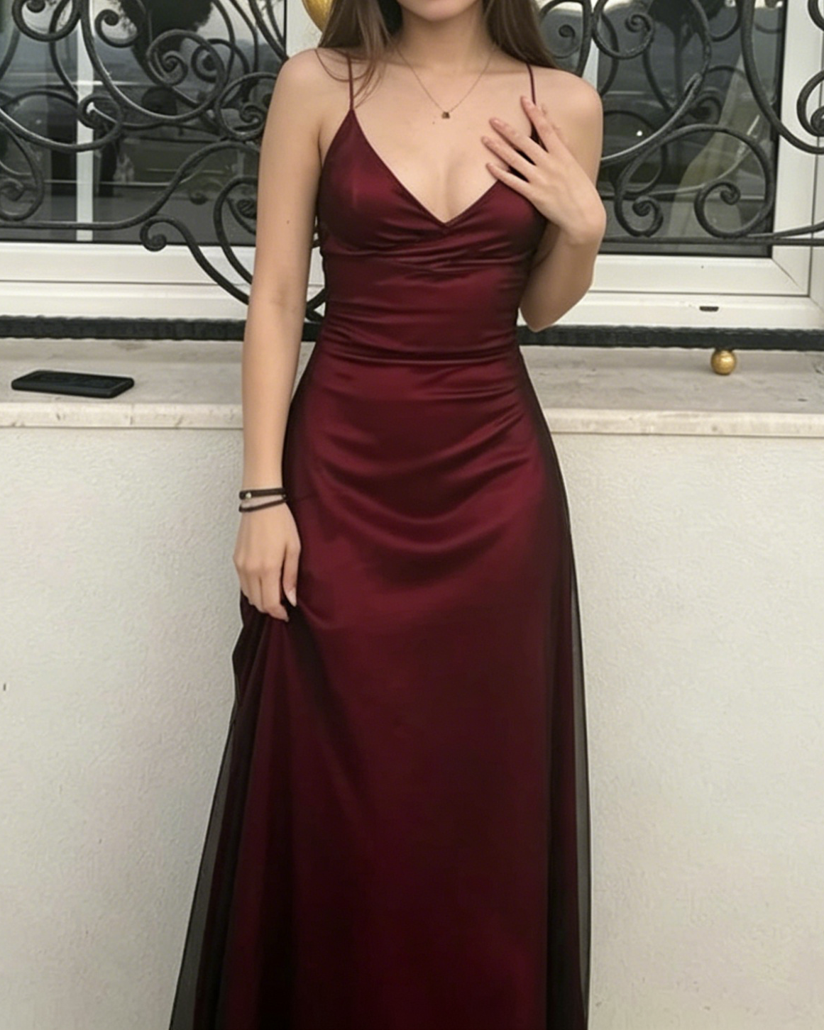Spaghetti Straps V Neck Burgundy Prom Dress Evening Gown J6412