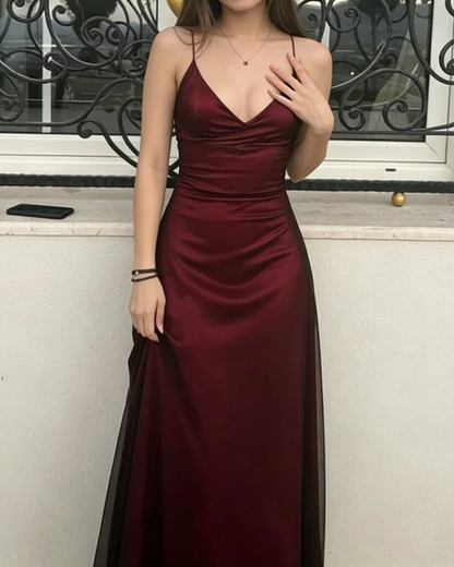 Spaghetti Straps V Neck Burgundy Prom Dress Evening Gown J6412