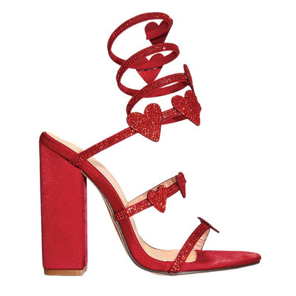 Sparkly Crystal Heart Coiled Lace Up Red Chunky Heels  H8