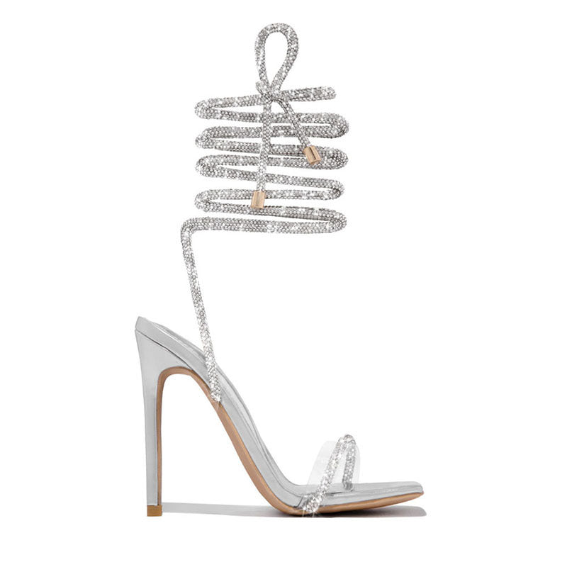 Sparkly Crystal Lace-Up Clear Strap High Heel Sandals  H7